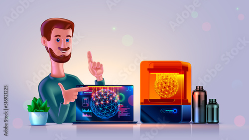 3D character of smiling man with 3d printer showing 3d printing tutorial at screen laptop. isolated Cartoon Clever engineer teaching computer modelling, 3d printing. Tech geek guy working in workshop