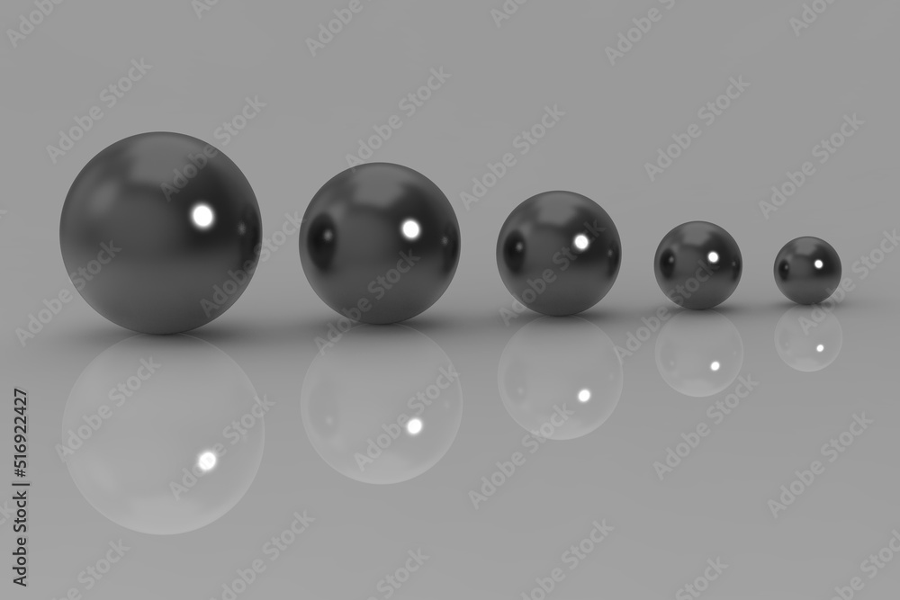 five glass balls of different sizes. balls of different sizes on a gray background. the concept of growth in anything. profit increase. Horizontal image. 3d image. 3d rendering. five glass balls of different sizes. balls of different sizes on a gray background. the concept of growth in anything. profit increase. Horizontal image. 3d image. 3d rendering.
