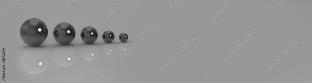 five balls of different sizes on a gray background. the concept of growth in anything. profit increase. Banner for insertion into site. Place for text cope space. 3d image.3d rendering. five balls of different sizes on a gray background. the concept of growth in anything. profit increase. Banner for insertion into site. Place for text cope space. 3d image.3d rendering.