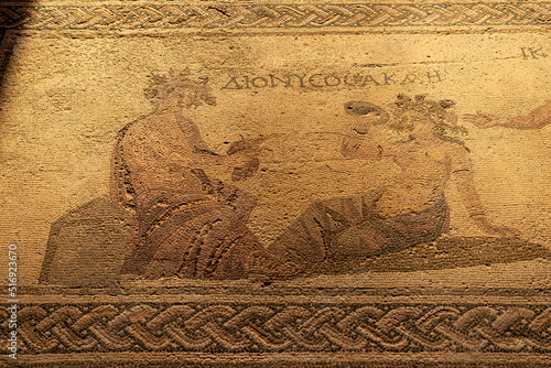 Ancient Greek floor mosaic in archaeologic park Kato Paphos, Cyprus.