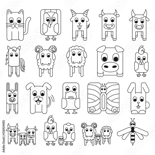 19 black and white line art farm elements set
