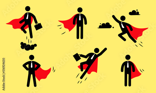 Superhero business pictogram man icon set. Superhero businessman flying stick figure. Victory worker, employer pictogram person. Vector illustration.