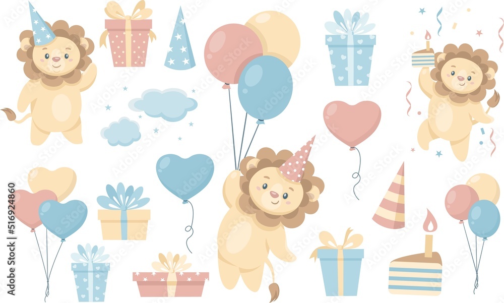 Greeting vector set. Little lion cub celebrating birthday, flying on balloons, jumping with cake in hand. Gifts, balloons, clouds