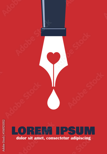 Romantic writer. Fountain pen with  heart. Love story and Valentine Day concept. Vector poster and illustration