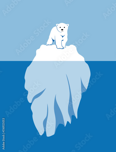 Polar bear on ice sheet. Melting icebergs and global warming. Climate change and global warming.