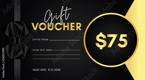 75 dollar discount for shopping template design with black bow and gold circle frame isolated on black background. Special offer gift voucher template to save money. Gift certificates, coupon code.