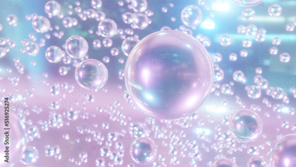 3D rendering Cosmetics liquid bubbles on defocus background. Collagen bubbles Design. Moisturizing Cream and Serum Concept. Vitamin for personal care and beauty concept. 