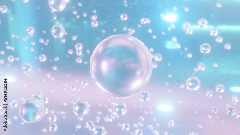 3D cosmetic rendering Serum bubbles in various colors on a blurry background. Design of collagen bubbles. Essentials of Moisturizing and Serum Concept. The idea of vitamins for skin care.