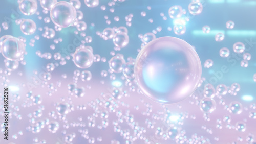 3D rendering of Cosmetics Pink Blue bubbles on defocus background. Collagen bubbles Design. Concept of vitamins for beauty and health.