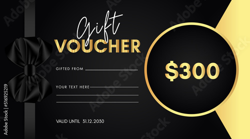 300 dollar discount for shopping template design with black bow and gold circle frame isolated on black background. Special offer gift voucher template to save money. Gift certificates, coupon code.