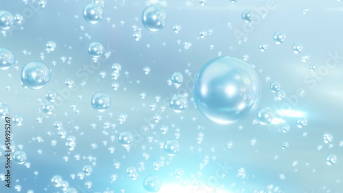 Wallpaper Mural 3D cosmetic rendering Blue Bubbles of serum on a blurry background. Design of collagen bubbles. Essentials of Moisturizing and Serum Concept. Concept of vitamins for beauty and health. Torontodigital.ca