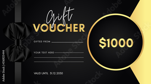 1000 dollar discount for shopping template design with black bow and gold circle frame isolated on black background. Special offer gift voucher template to save money. Gift certificates, coupon code.