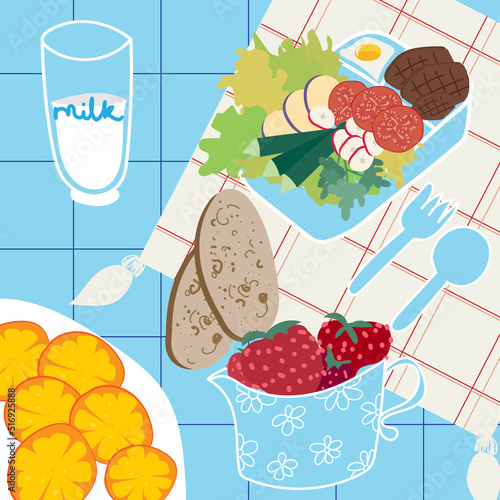 A beautiful illustration of food at a picnic, a schoolboy's boxing lunch, a healthy snack. Fresh vegetables, meat, scrambled eggs, strawberries, bread, milk, orange. Vector illustration