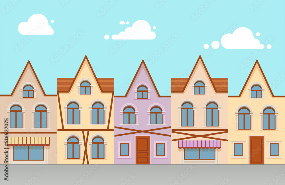 Old street european small town with vintage houses. Urban landscape. retro home cartoon.