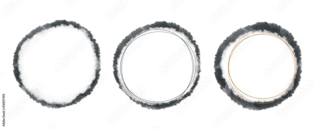 Set de tres Ilustraciones artísticas, marcos de acuarela en color oscuro y dorado con forma circular, aislados sobre fondo blanco, en color negro. Impresión moderna abstracta Set de tres Ilustraciones artísticas, marcos de acuarela en color oscuro y dorado con forma circular, aislados sobre fondo blanco, en color negro. Impresión moderna abstracta