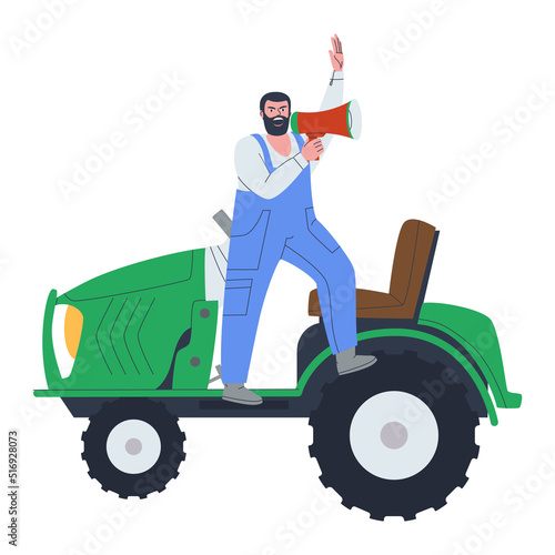 A man with a mouthpiece on a tractor. Stop gesture with hand. Expression of protest against prohibition and restrictions. flat vector illustration, eps10