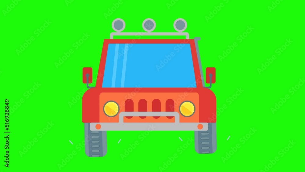 Jeep cartoon animation on a green background. Animated vehicle icons