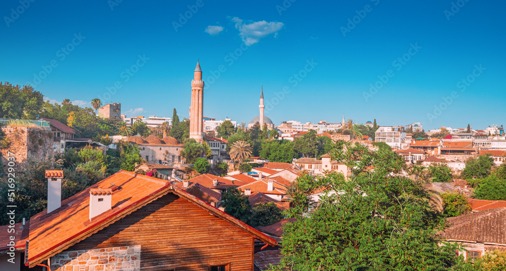 Yivli or flute minaret mosque is a religious symbol and travel landmark of Antalya resort town in Turkey. Attractions and destinations in Kaleice old town
