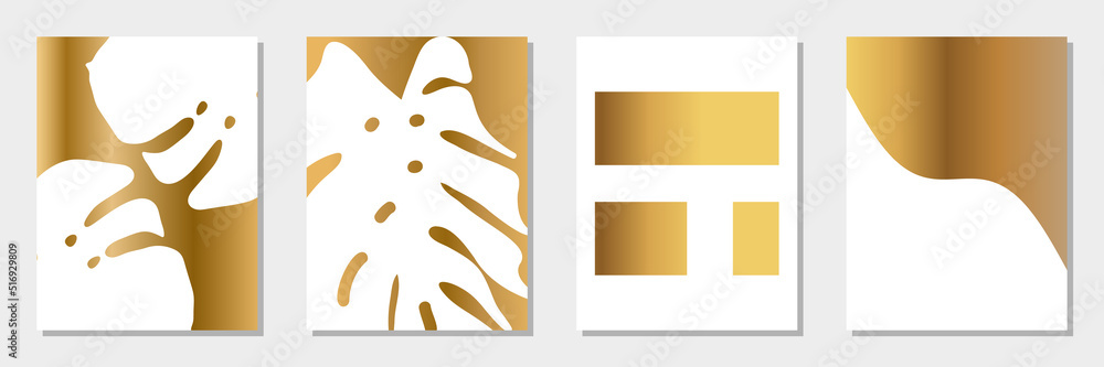 Obraz premium Abstract tropical art set. Monstera palm leaves and simple geometric and abstract shapes in golden gradient and white. Stylish vector minimalist wall art decor.
