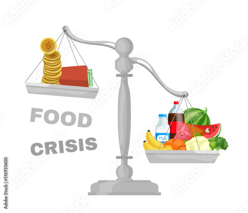 Food crisis, inflation concept. Grocery goods prices vs money value on a scale.