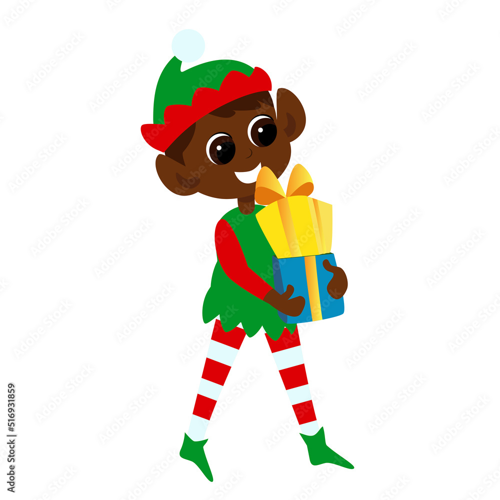 An elf in traditional costume carries boxes of Christmas gifts. Christmas character illustration in cartoon style isolated on white background. An elf in traditional costume carries boxes of Christmas gifts. Christmas character illustration in cartoon style isolated on white background.