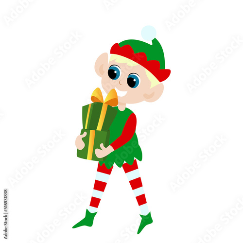A cute elf carries gifts in his hands. The boy is dressed in a traditional elf costume. Christmas character illustration in cartoon style isolated on white background.