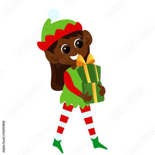 Cute elf girl carries gifts in her hands. The child is dressed in a traditional elf costume. Christmas character illustration in cartoon style isolated on white background.