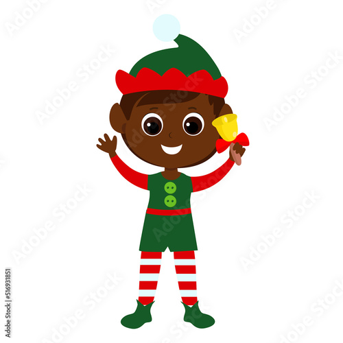 A cute boy stands and holds a bell in his hands. The child is dressed in a traditional elf costume. Christmas character illustration in cartoon style isolated on white background.