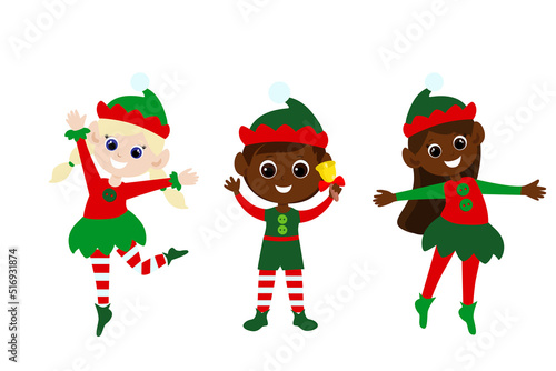 Set of elves jumping and having fun in cartoon style isolated on white background. Children are dressed in traditional red and green clothes. Christmas character design.