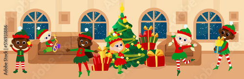 A room from the inside in a house decorated before Christmas. The room has windows, a green sofa and armchair, a Christmas tree and gift boxes. Little elves are playing inside.