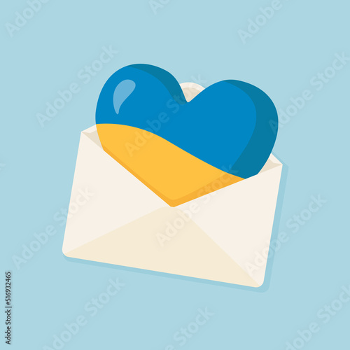 Support Ukraine. Envelope with ukrainian flag colors heart. Volunteering and donating design