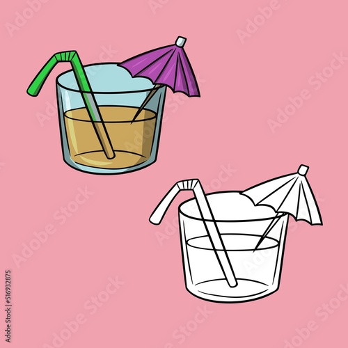A set of pictures, a straight glass glass with juice, an elite drink decorated with umbrellas and tubes, vector