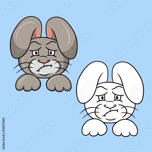 A set of pictures, an angry gray rabbit, animal emotions, a disgruntled hare, a vector illustration in cartoon style