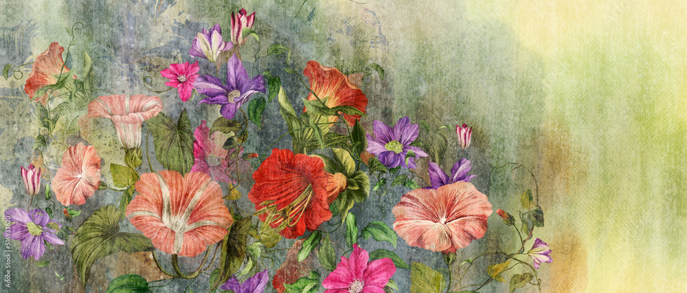  art painted flowers on a textured background different petunias wild shrub flowers photo wallpaper