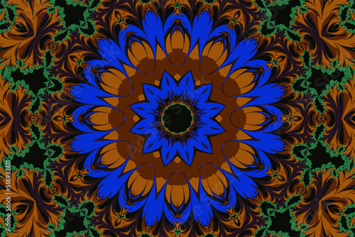 Fractal abstract mandala with a circular ornament in the form of spirals and a beautiful abstract flower in the center