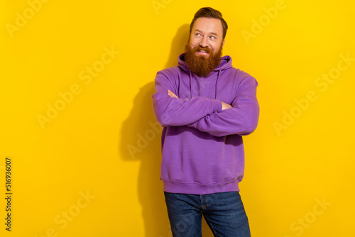 Photo of cheerful brainstorming businessman look blank space working on new project isolated on yellow color background