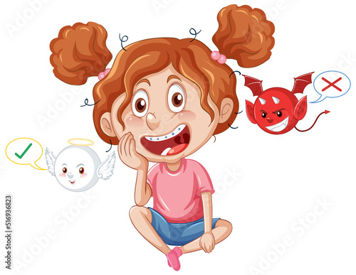Cartoon character with devil and angel fighting in thought
