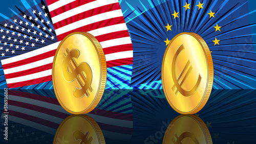 Gold coins of American dollar USD and Euro EUR on mirrored floor with colored flags of America and Europe. Exchange rates are almost equal and who is now leader is not clear.
