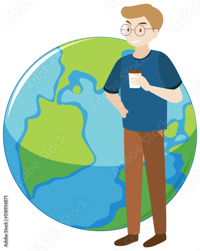 Man stading next to earth cartoon