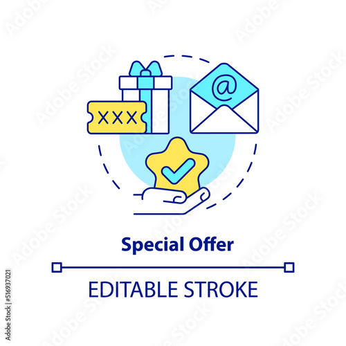Special offer concept icon. Bonus for new customer. Discount strategy abstract idea thin line illustration. Isolated outline drawing. Editable stroke. Arial, Myriad Pro-Bold fonts used
