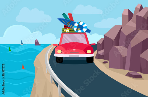 Red track car with many luggages on top drive out of city to summer sea beach, move along ocean through rocky mountain cliff, road trip travel, happy time adventures on holiday weekend, vector illustr