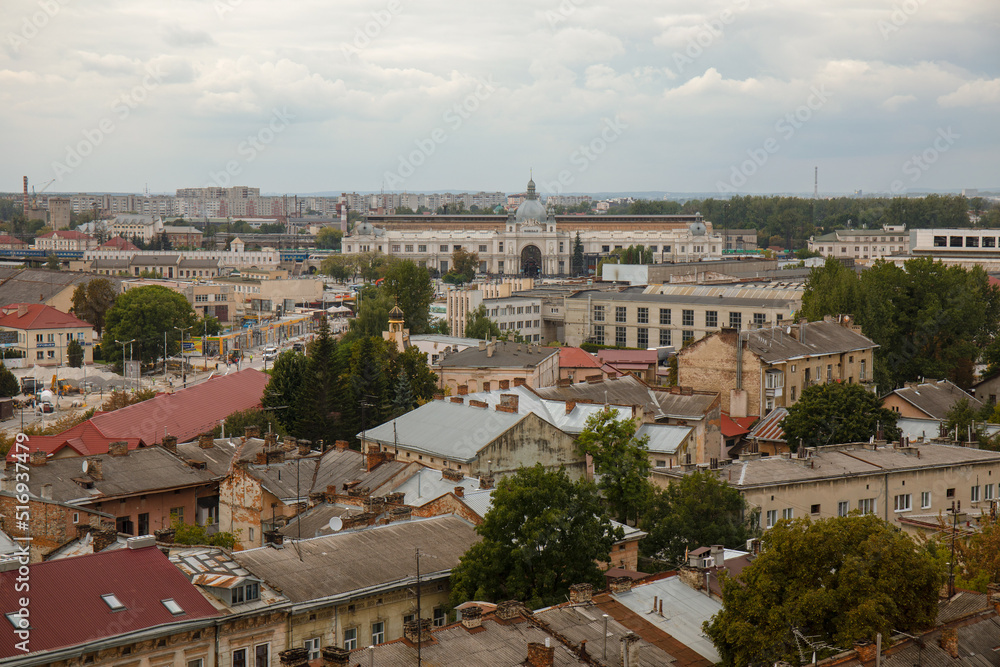 Aerial view of the historical city center of Lviv and the station building in Ukraine 