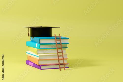 Fotografi Stack books with ladder and black square academic cap on top isolated on yellow background, 3d
