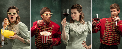 Young people as medieval persons, grandee on dark vintage background. Collage of portraits in retro costume. Human emotions, comparison of eras