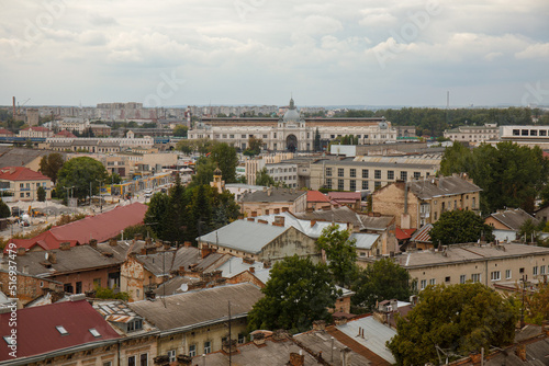 Aerial view of the historical city center of Lviv and the station building in Ukraine 