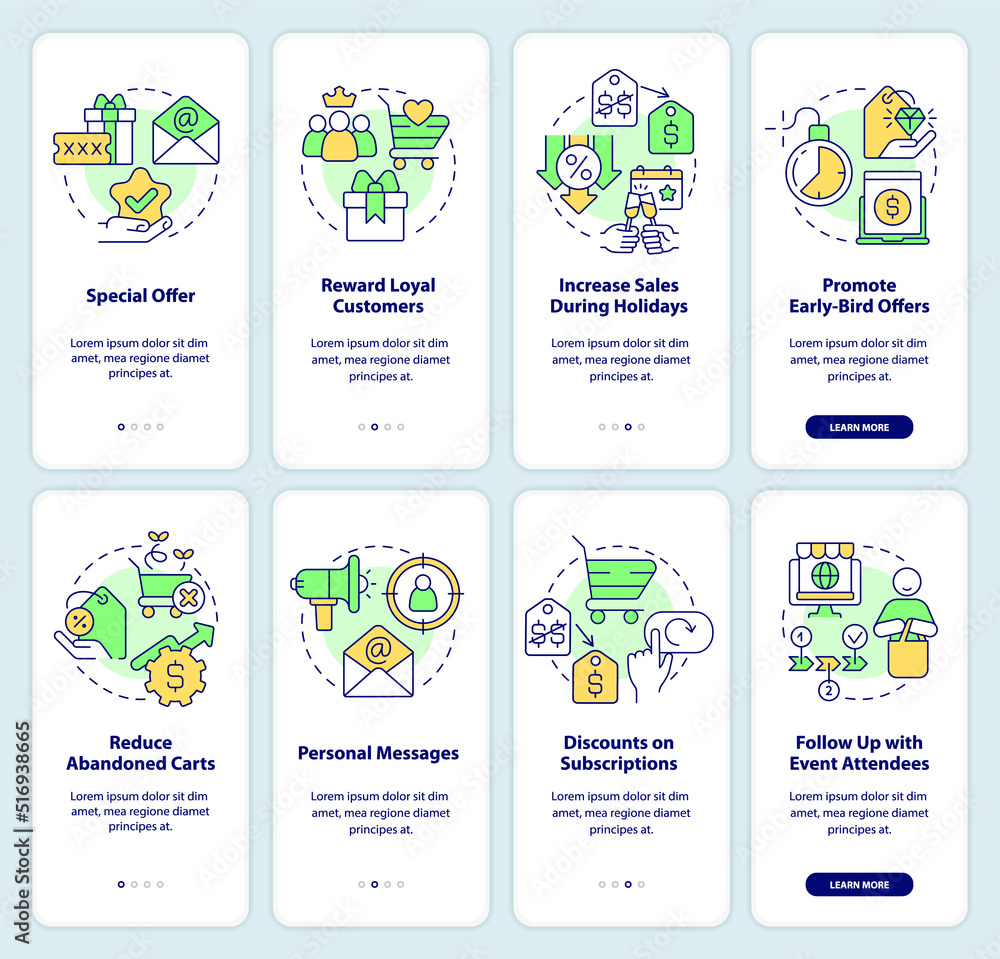 Discount strategy onboarding mobile app screen set. Sales walkthrough 4 steps editable graphic instructions with linear concepts. UI, UX, GUI template. Myriad Pro-Bold, Regular fonts used