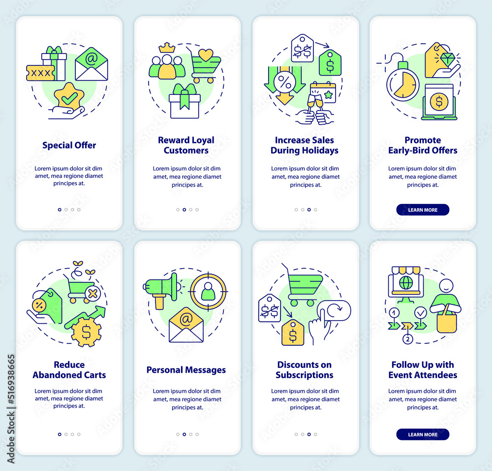 Obraz premium Discount strategy onboarding mobile app screen set. Sales walkthrough 4 steps editable graphic instructions with linear concepts. UI, UX, GUI template. Myriad Pro-Bold, Regular fonts used