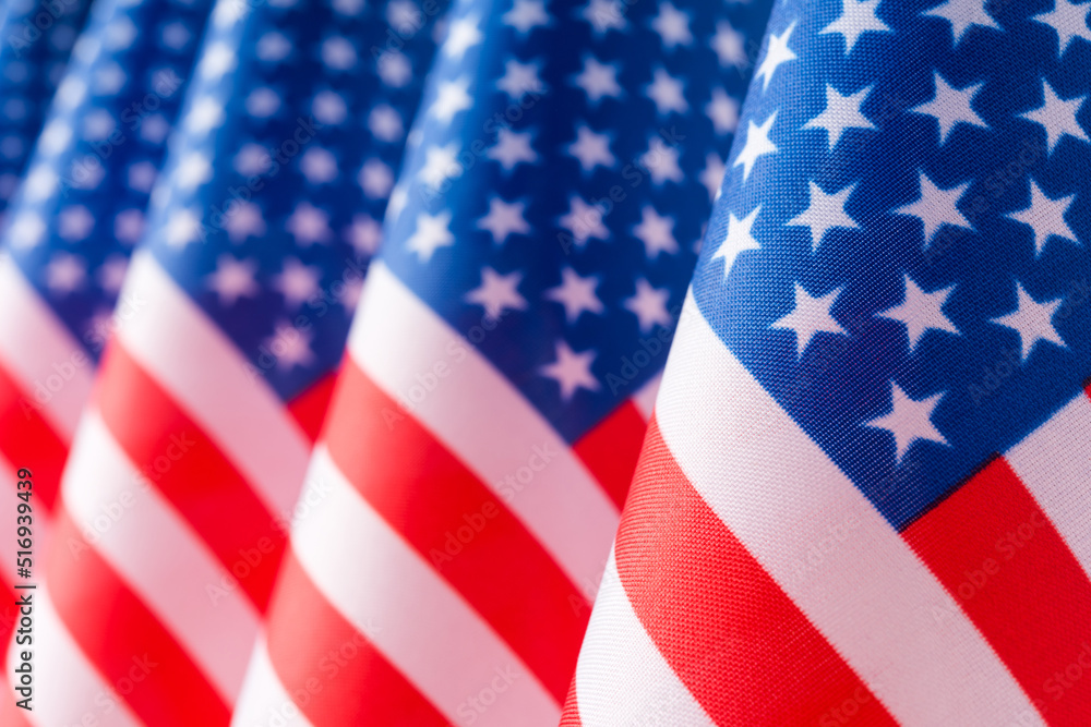 Fototapeta premium United States of America flags in a row, close up, selective focus