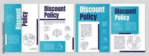 Policy of discount blue brochure template. Sale strategy. Leaflet design with linear icons. Editable 4 vector layouts for presentation, annual reports. Anton, Lato-Regular fonts used