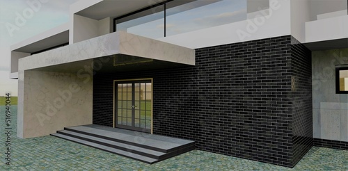 Entrance to a contemporary high tech home. Marble porch, black bricks wall, and multi-colored paving stones. 3d render. 